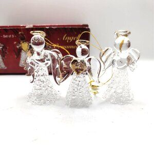 Vintage Set Of 3 Spun Glass Angel Ornaments Gold Accents Faith Love Hope 2" Mini